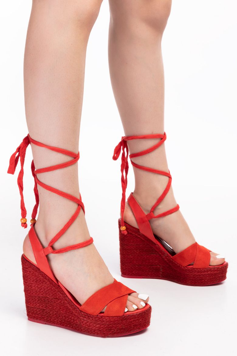 Salsa Hakiki Süet Deri Bağcıklı Kadın Sandalet Kırmızı resmi