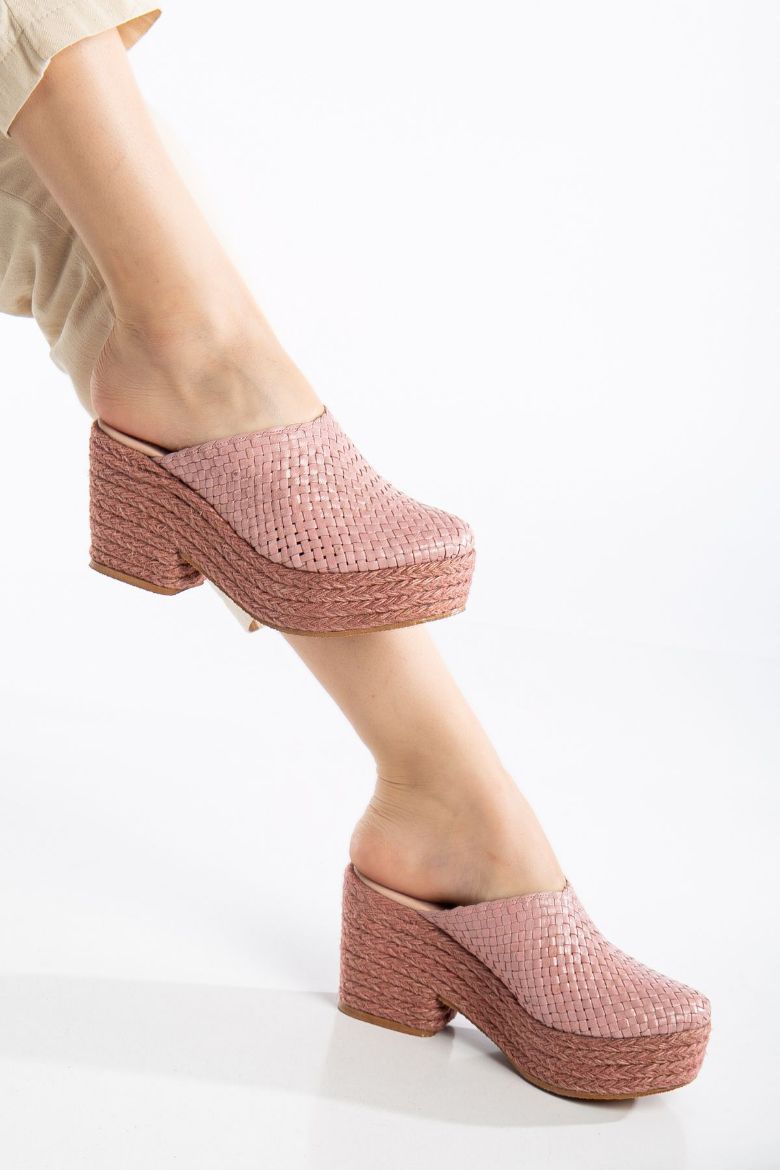 Hakiki Deri 33-34-35 Numaradan 41-42-43-44-45 Numaraya Kadar Platform El Örgüsü Sabo Terlik Pembe resmi