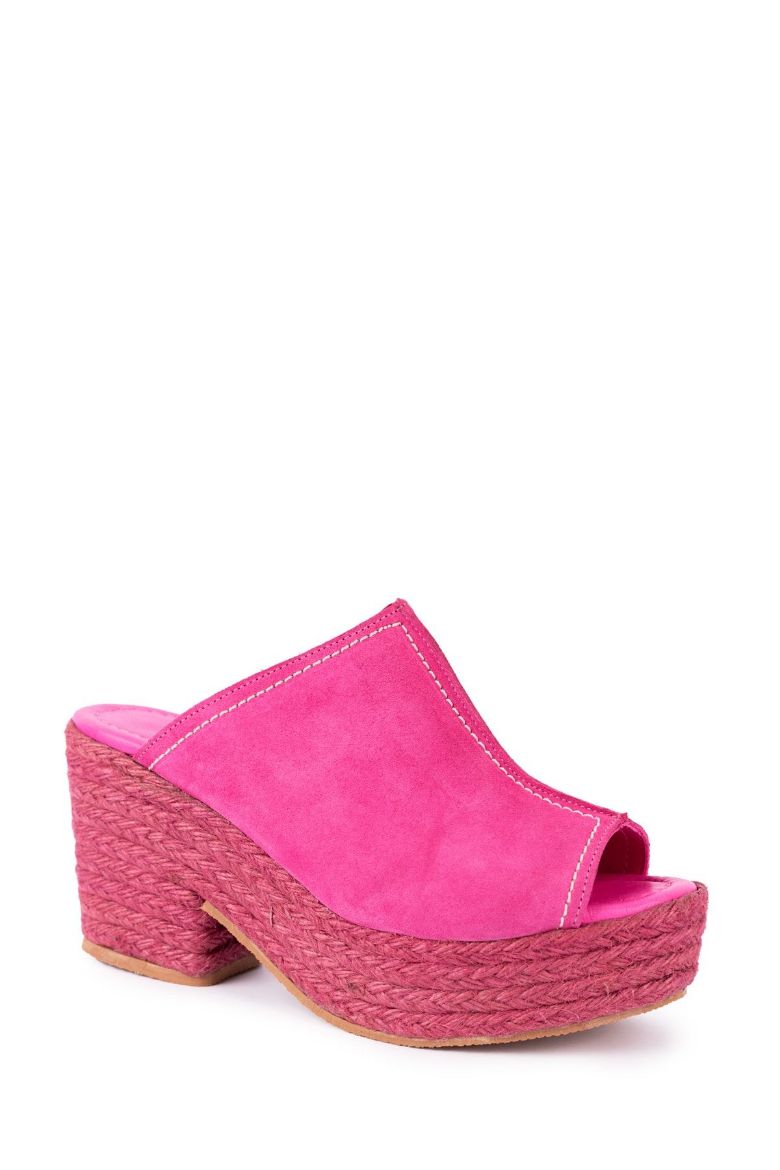 Hakiki Süet Deri Topuklu Kadın Yazlık Sandalet Terlik 34-35-41-42-43-44 Numara Pembe resmi