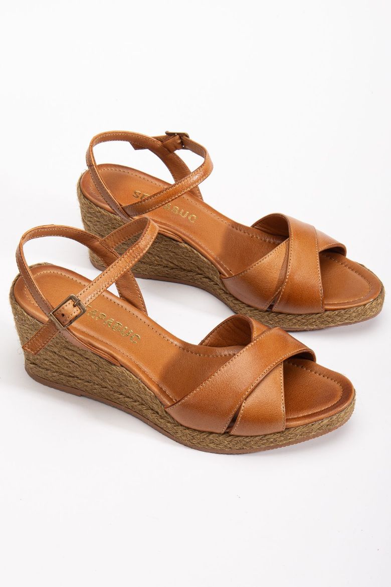 Hakiki Deri 33-34-35 numaradan 41-42-43-44-45 Numaraya Kadar Dolgu Topuk Sandalet Taba resmi