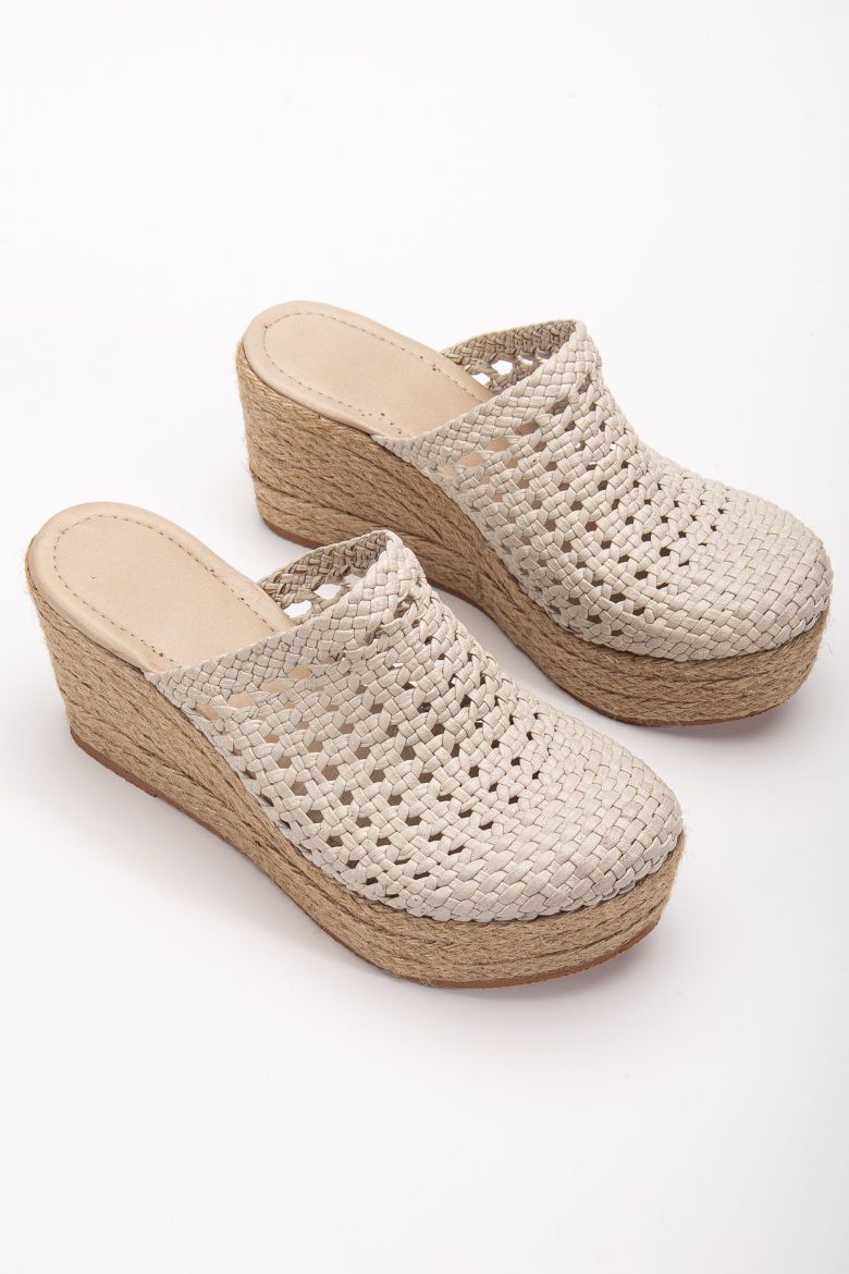 Hakiki Deri 33-34-35 Numaradan 41-42-43-44-45 Numaraya Kadar Platform El Örgüsü Sabo Terlik Bej resmi