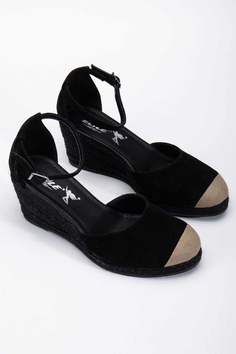 Denim Dokuma Kumaştan 33-34-35 Numaradan 41-42-43-44-45 Numaraya Kadar Dolgu Topuk Sandalet Siyah resmi