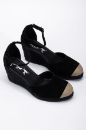 Denim Dokuma Kumaştan 33-34-35 Numaradan 41-42-43-44-45 Numaraya Kadar Dolgu Topuk Sandalet Siyah
