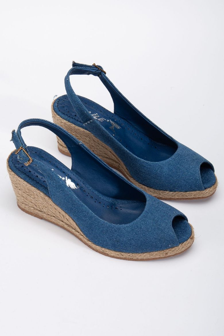 Denim Dokuma Kumaştan 33-34-35 Den 41-42-43-44-45 Numaraya Dolgu Topuk Sandalet Denim resmi