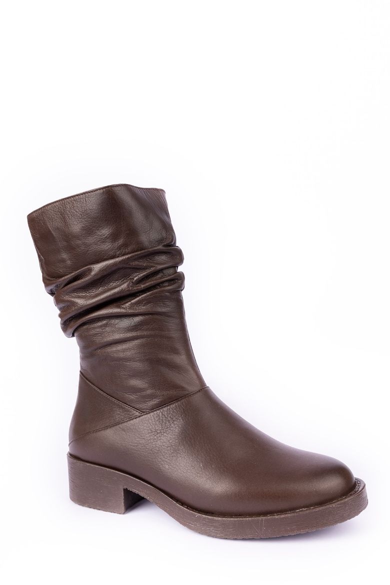 Hakiki Deri Geniş Bilekli Kadın Uzun Bot Kahverengi resmi