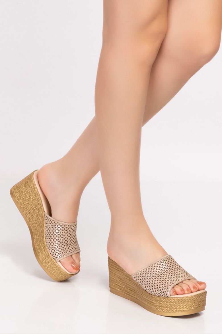 Hakiki Deri Altın Simli Kadın Terlik Altın resmi