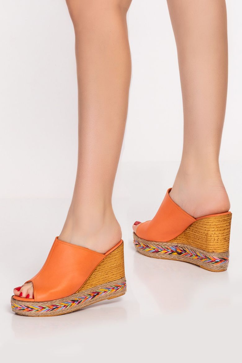 Hakiki Deri Kadın Espradril Sandalet Terlik Oranj resmi