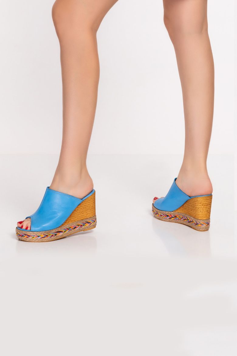 Hakiki Deri Kadın Espradril Sandalet Terlik Mavi resmi