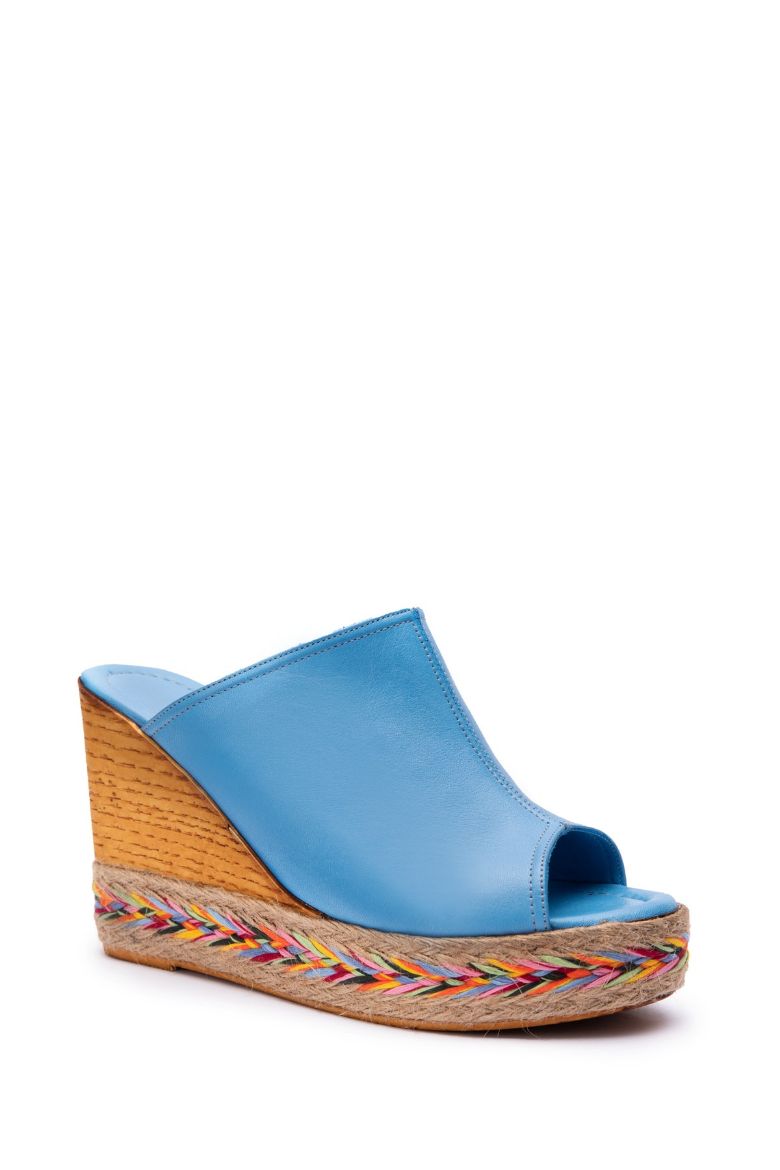 Hakiki Deri Kadın Espradril Sandalet Terlik Mavi resmi
