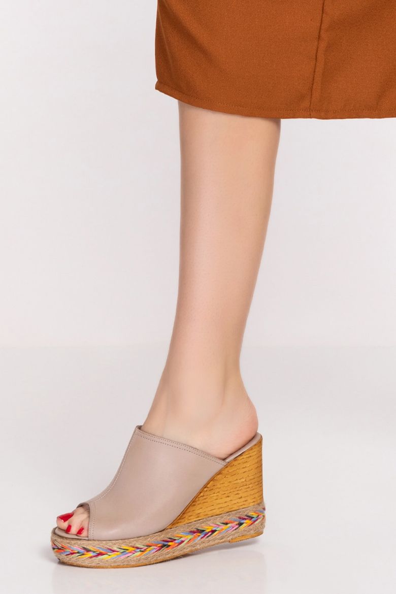 Hakiki Deri Kadın Espradril Sandalet Terlik Vizon resmi
