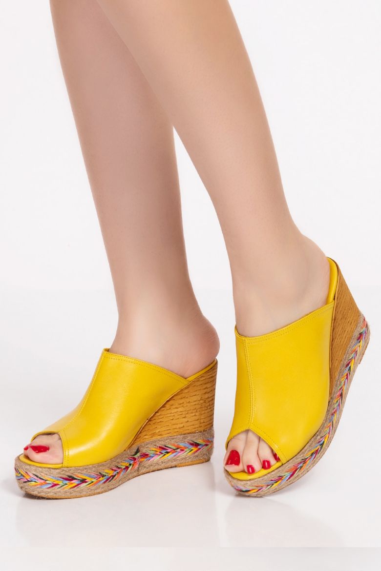 Hakiki Deri Kadın Espradril Sandalet Terlik Sarı resmi