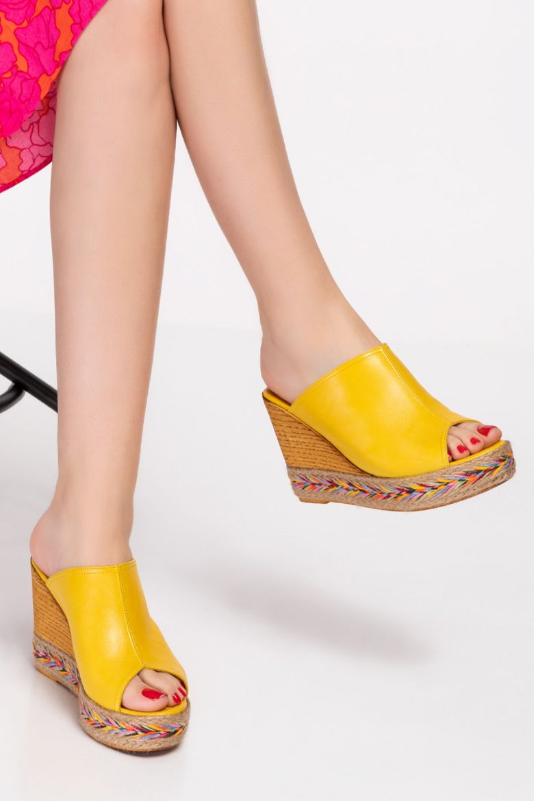 Hakiki Deri Kadın Espradril Sandalet Terlik Sarı resmi
