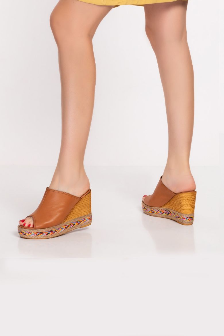 Hakiki Deri Kadın Espradril Sandalet Terlik Kahverengi resmi