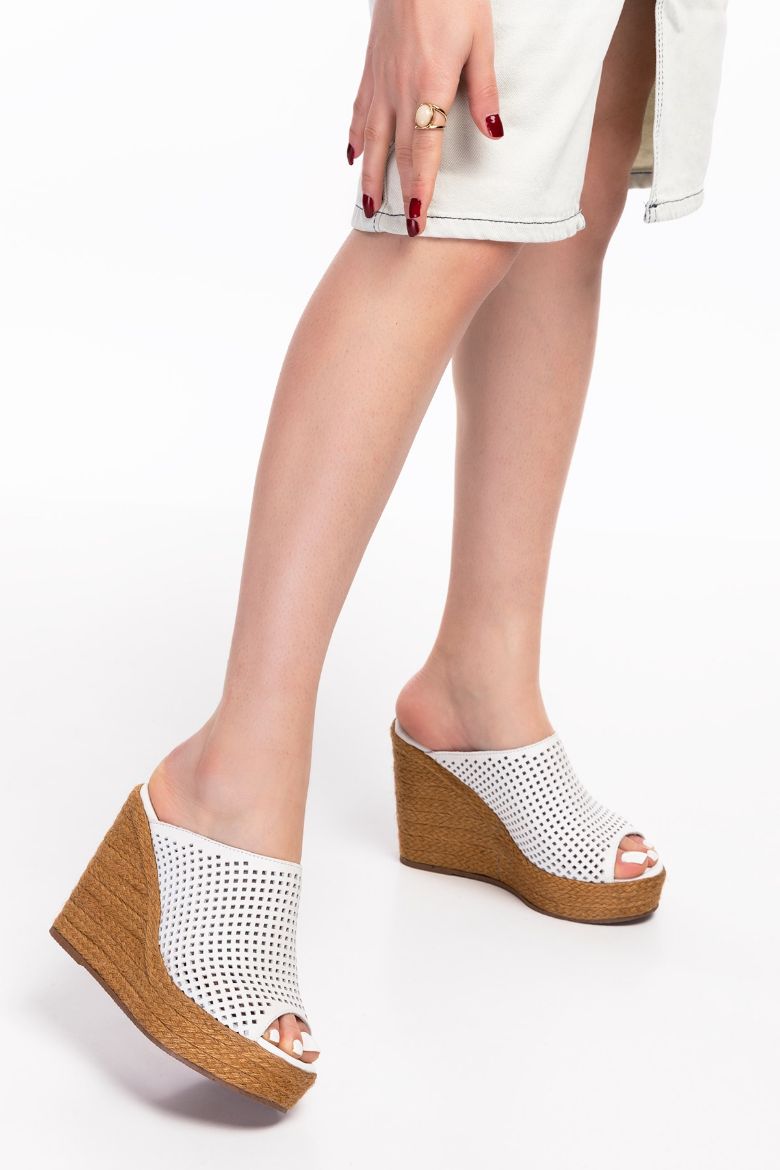 Hakiki Deri Yüksek Topuklu Kadın Terlik 34-35-41-42-43-44 Numara Beyaz resmi