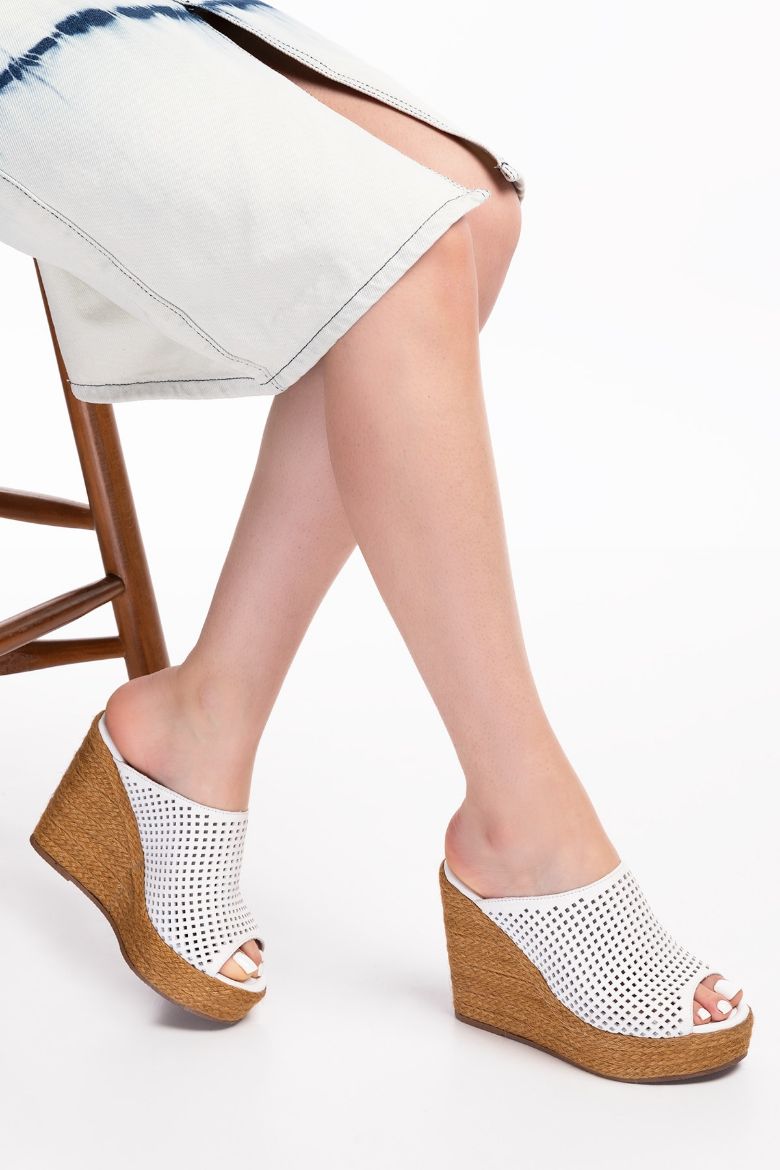 Hakiki Deri Yüksek Topuklu Kadın Terlik 34-35-41-42-43-44 Numara Beyaz resmi