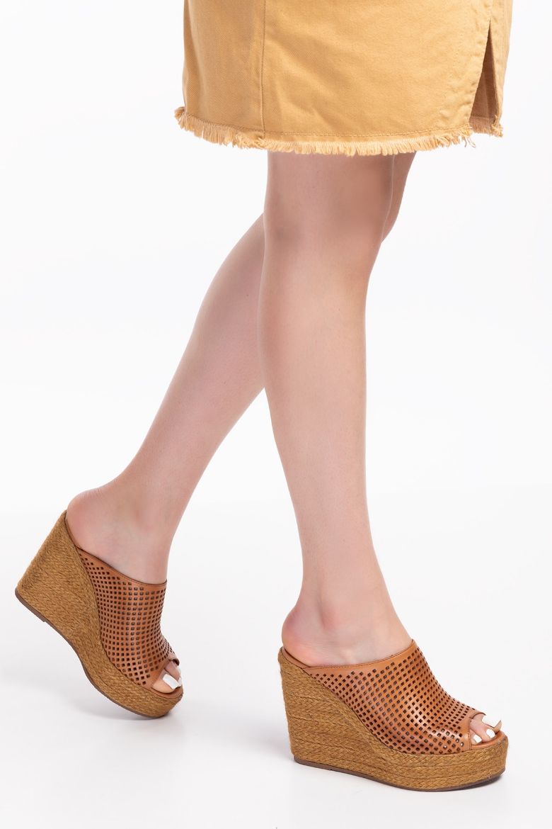 Hakiki Deri Yüksek Topuklu Kadın Terlik 34-35-41-42-43-44 Numara Kahverengi resmi