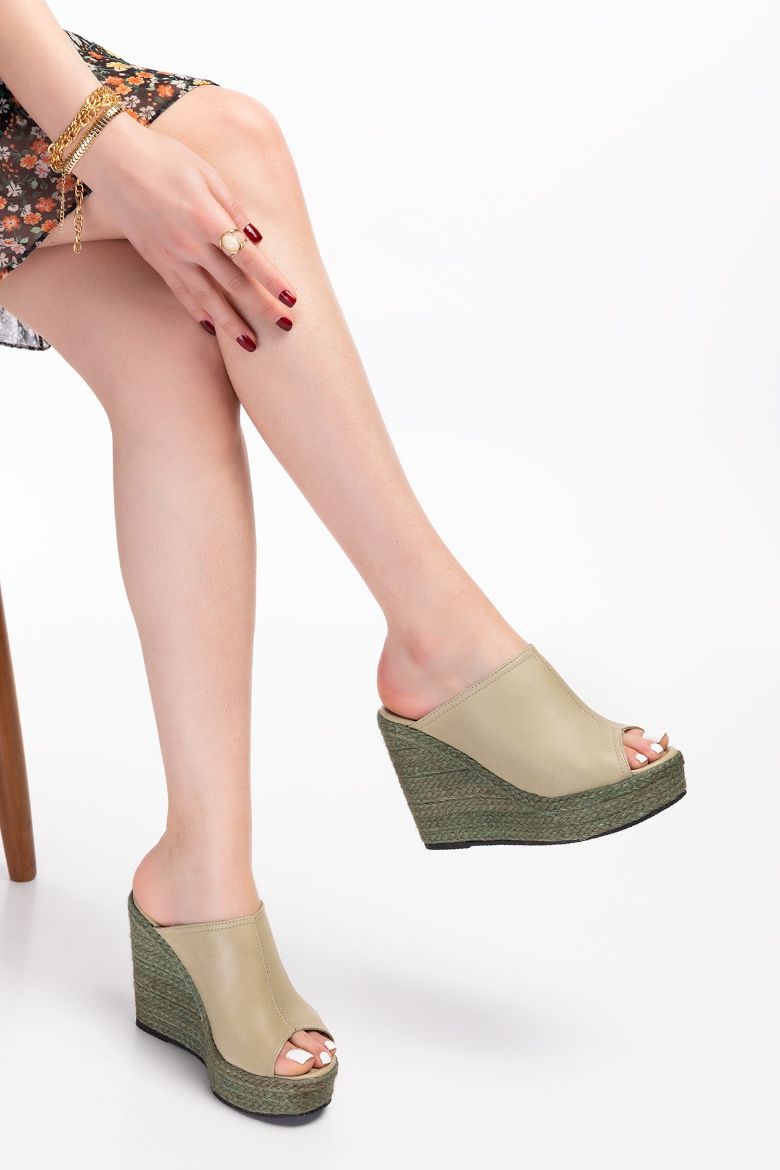 Hakiki Deri Espadril Kadın Sandalet 34-35-41-42-43-44 Numara Yeşil resmi