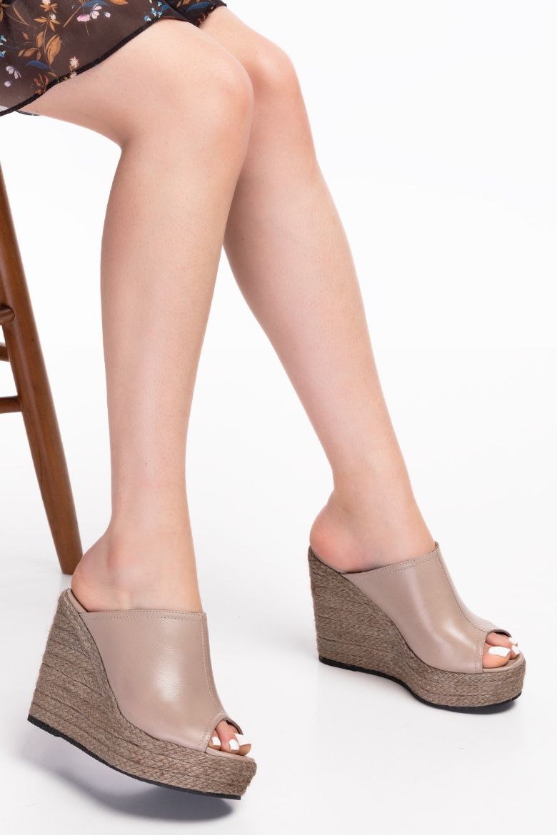 Hakiki Deri Espadril Kadın Sandalet 34-35-41-42-43-44 Numara Vizon resmi