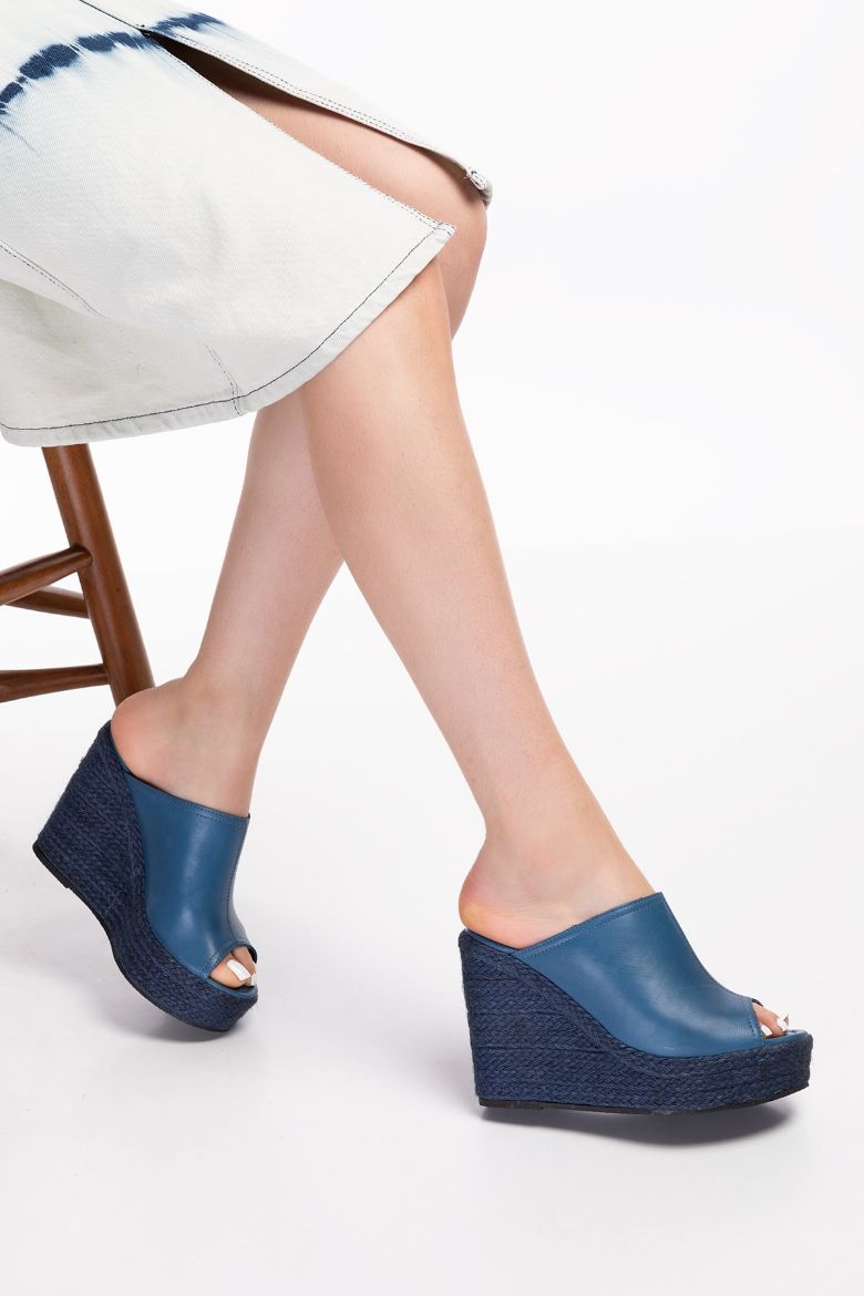 Hakiki Deri Espadril Kadın Sandalet 34-35-41-42-43-44 Numara Lacivert resmi