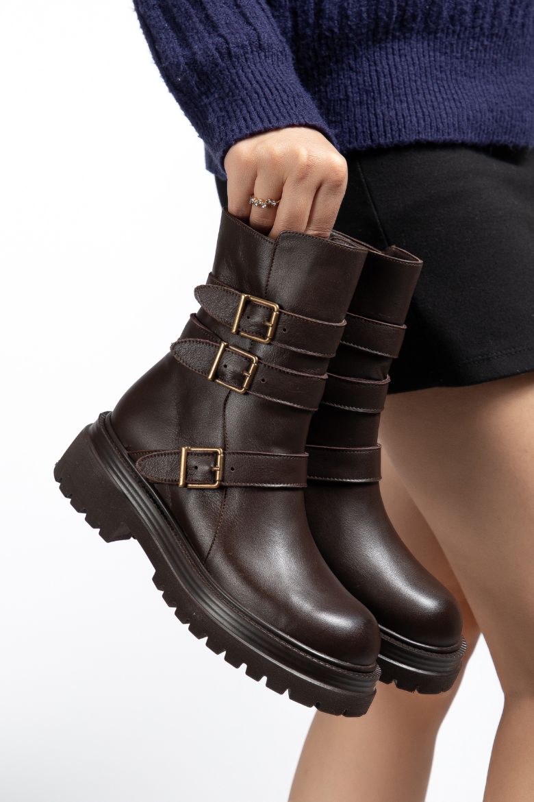 Hakiki Deri 33-34-35 Numaradan 41-42-43 Numaraya Kadar Kadın Kışlık Bot Kahverengi resmi