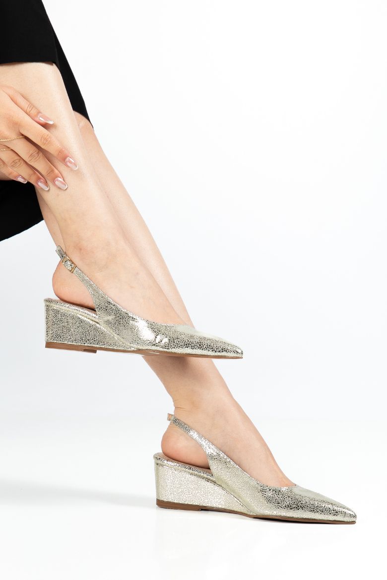 Hakiki Deri 35-36-37-38-39-40-41-42-43 Numara Kadın Dolgu Topuk Stiletto Ayakkabı Altın Cam Kırığı resmi