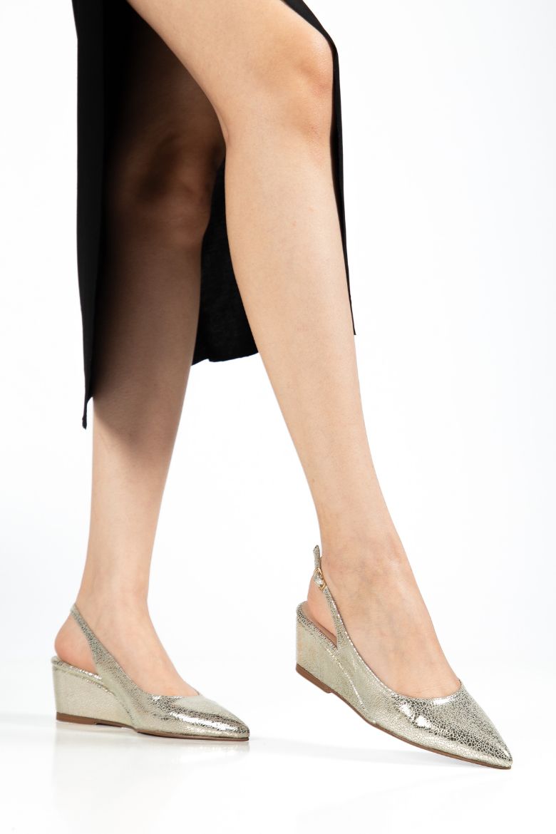 Hakiki Deri 35-36-37-38-39-40-41-42-43 Numara Kadın Dolgu Topuk Stiletto Ayakkabı Altın Cam Kırığı resmi