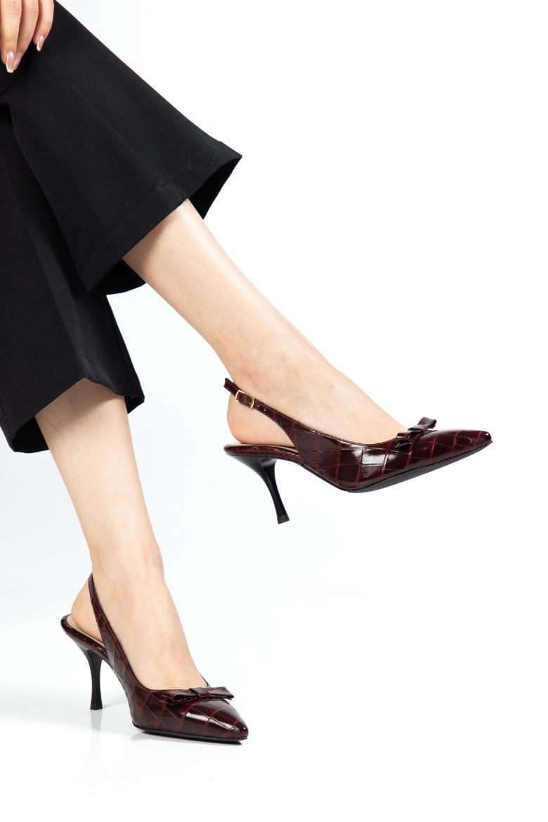 Hakiki Deri Timsah Desenli 34-35-36-37-38-39-40-41 Numara Kadın Stiletto Ayakkabı Bordo Timsah Desen resmi