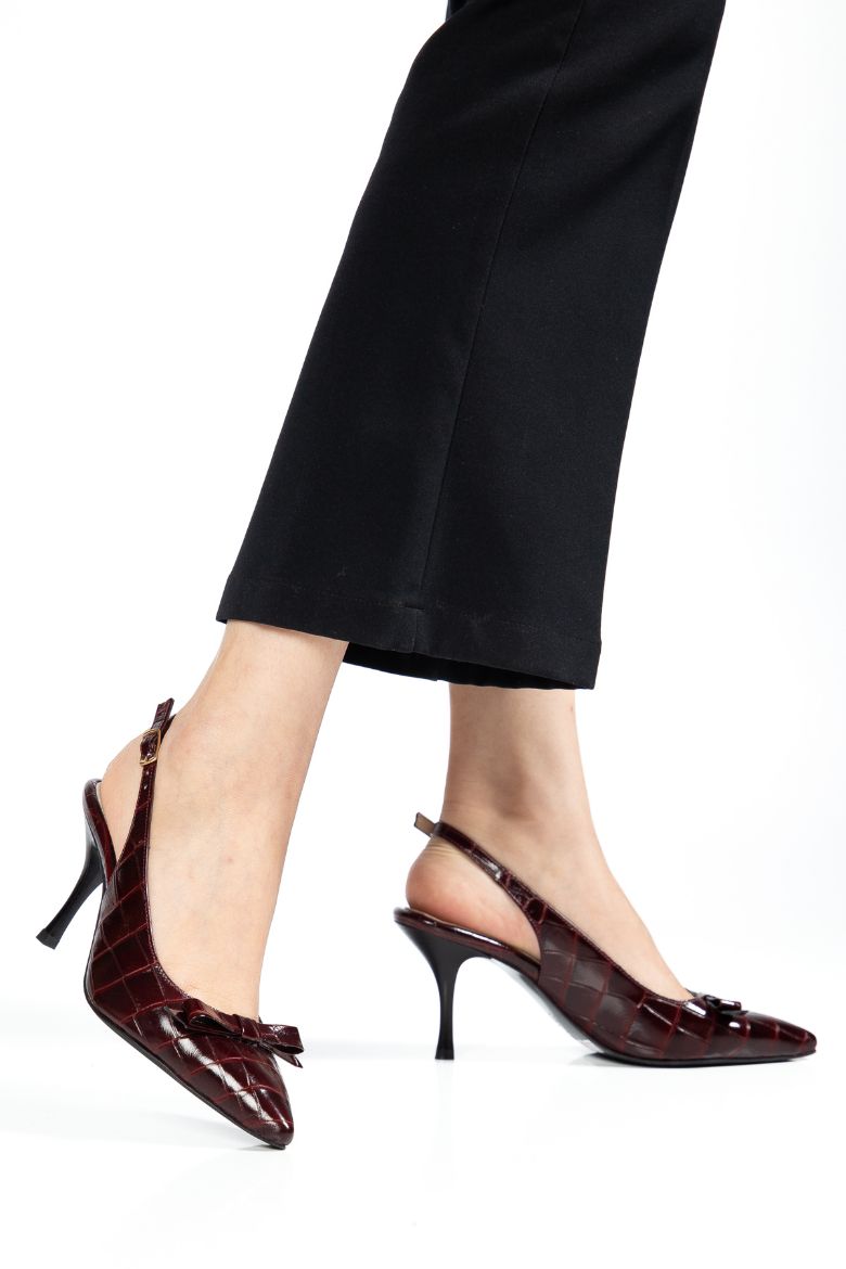Hakiki Deri Timsah Desenli 34-35-36-37-38-39-40-41 Numara Kadın Stiletto Ayakkabı Bordo Timsah Desen resmi