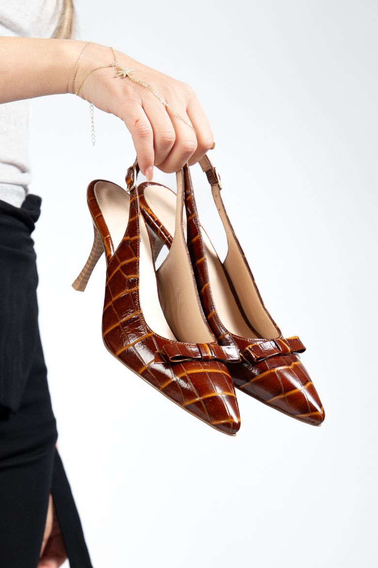 Hakiki Deri Timsah Desenli 34-35-36-37-38-39-40-41 Numara Kadın Stiletto Ayakkabı Kahverengi Timsah Desen resmi