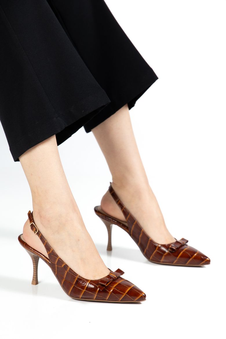 Hakiki Deri Timsah Desenli 34-35-36-37-38-39-40-41 Numara Kadın Stiletto Ayakkabı Kahverengi Timsah Desen resmi