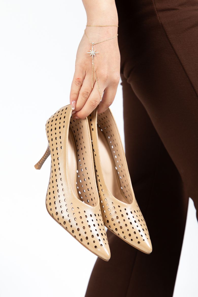 Hakiki Deri 34-35-36-37-38-39-40-41 Numara Kadın Stiletto Ayakkabı Cappuccino resmi