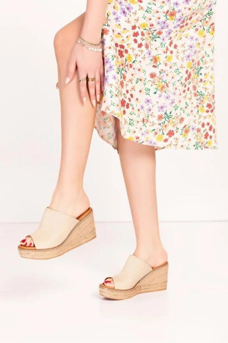 %100 Keten 33-34-35-36-37-38-39-40-41-42-43-44-45 Numara Dolgu Topuk Terlik Bej resmi