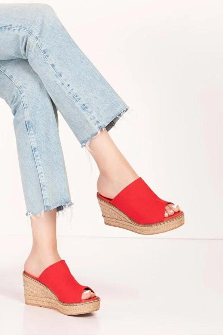 %100 Keten 33-34-35-36-37-38-39-40-41-42-43-44-45 Numara Dolgu Topuk Terlik Kırmızı resmi