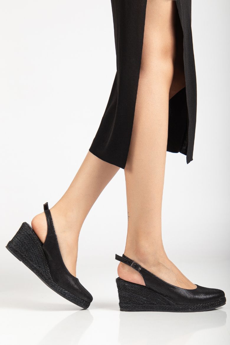 Hakiki Süet Deri Sim Baskılı 33-34-35-36-37-38-39-40-41-42-43-44-45 Numara Dolgu Topuk Sandalet Siyah resmi