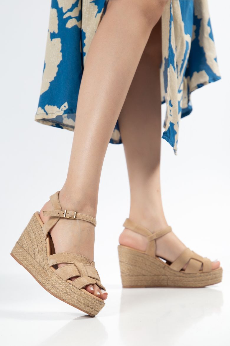 Hakiki Süet Deri 34-35-36-37-38-39-40-41-42-43-44 Numara Kadın Dolgu Topuklu Sandalet Cappuccino Süet resmi