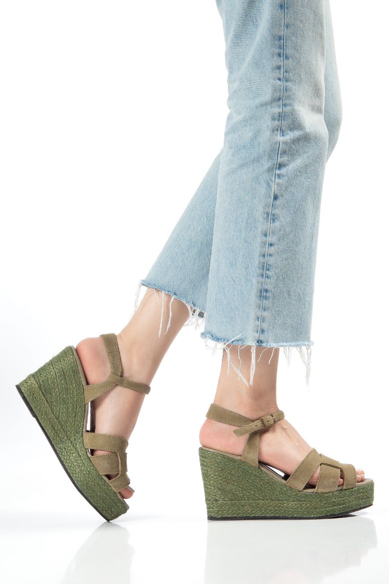 Hakiki Süet Deri 34-35-36-37-38-39-40-41-42-43-44 Numara Kadın Dolgu Topuklu Sandalet Yeşil Süet resmi