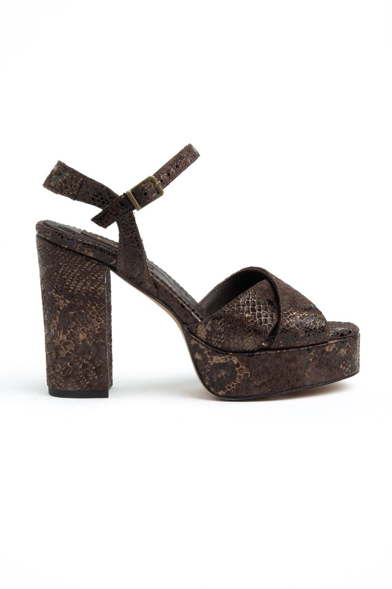Hakiki Deri 33-34-35-36-37-38-39-40-41 Numara Kadın Platform Sandalet Kahverengi Yılan Baskı resmi