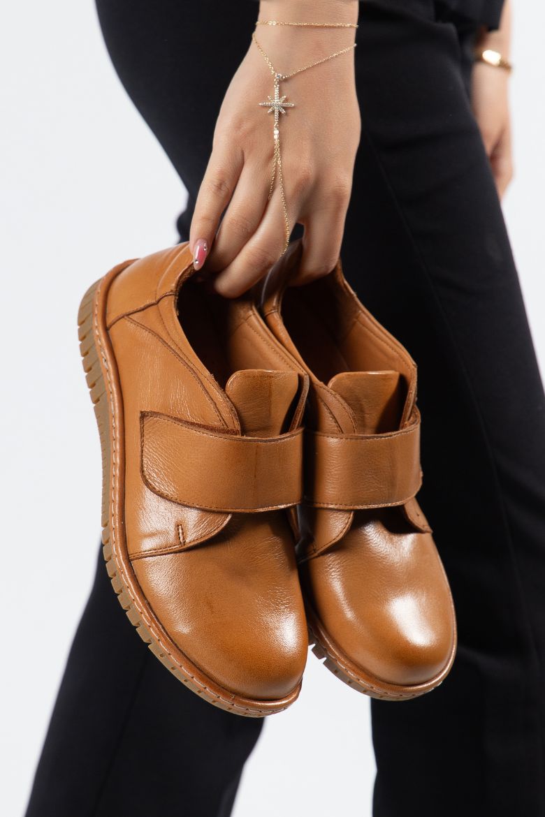 Hakiki Deri 36-37-38-39-40-41 Numara Kadın Cırt Bantlı Ayakkabı Taba resmi