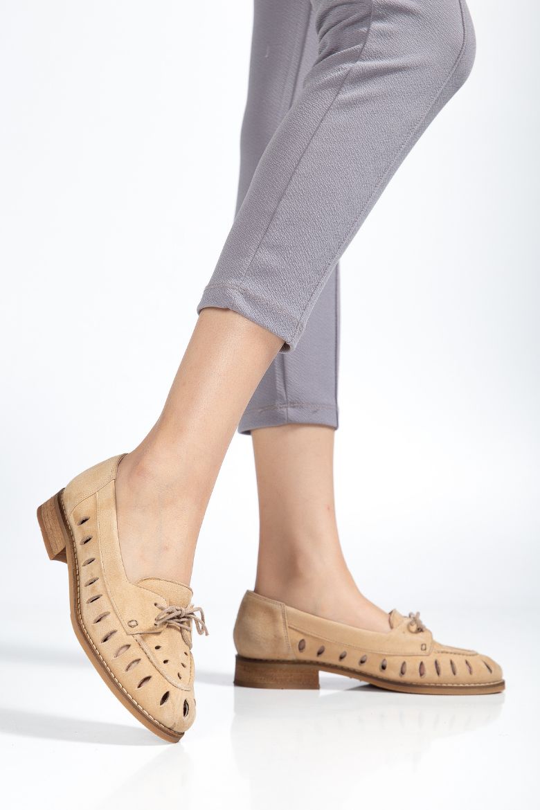 Hakiki Deri 33-34-35-36-37-38-39-40-41-42-43-44-45 Numara Lazer Kesim Delikli Kadın Ayakkabı Süet Cappuccino resmi