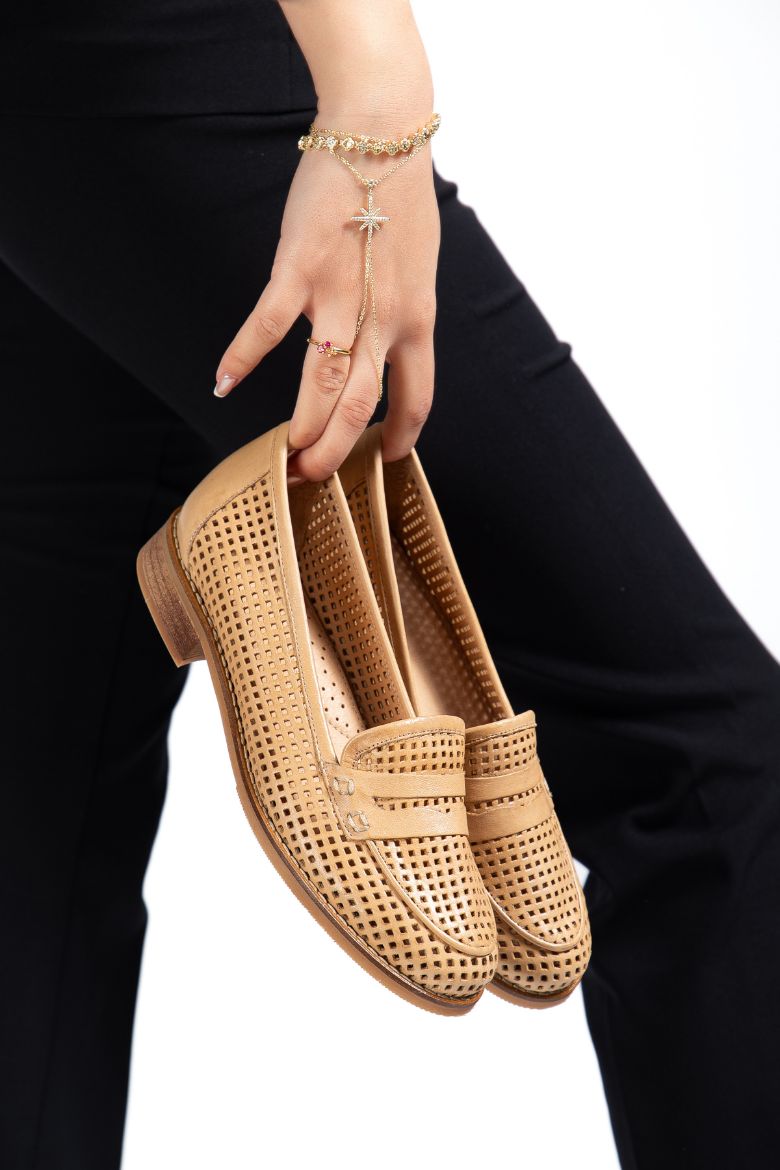 Hakiki Deri 33-34-35-36-37-38-39-40-41-42-43-44-45 Numara Lazer Kesim Delikli Kadın Ayakkabı Cappuccino resmi