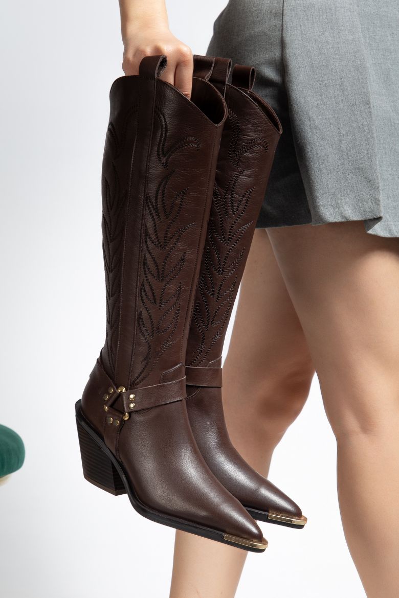 Hakiki Deri 36 Numaradan 41 Numaraya Kadar Kadın Kovboy/Western Fermuarlı Çizme Kahverengi resmi