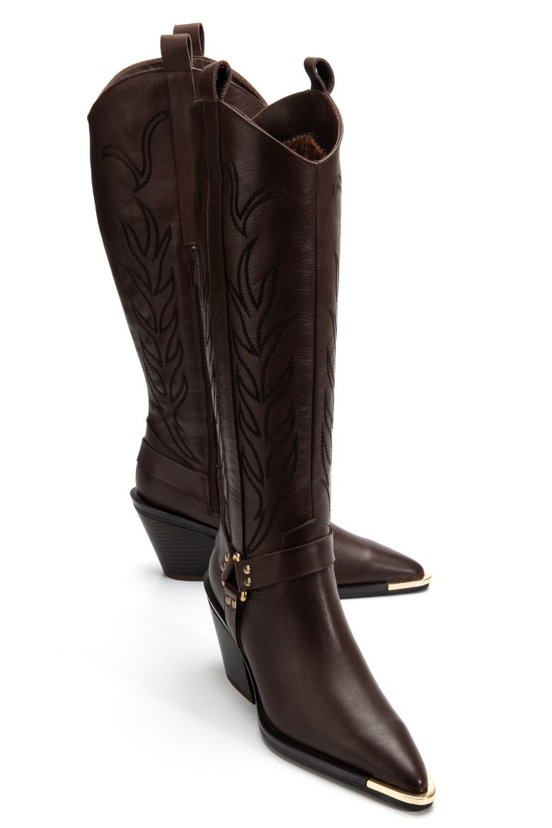 Hakiki Deri 36 Numaradan 41 Numaraya Kadar Kadın Kovboy/Western Fermuarlı Çizme Kahverengi resmi