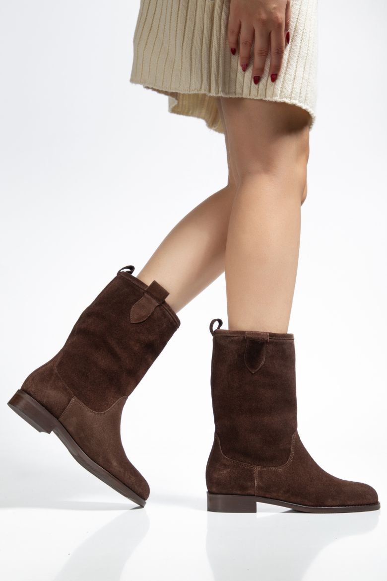 Hakiki Süet Deri 36 Numaradan 41 Numaraya Kadar Kadın Çekme Uzun Bot Kahverengi resmi