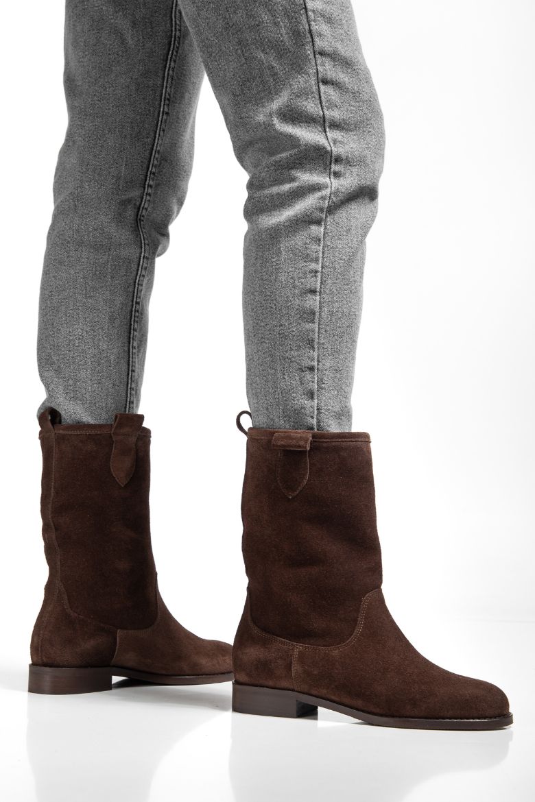 Hakiki Süet Deri 36 Numaradan 41 Numaraya Kadar Kadın Çekme Uzun Bot Kahverengi resmi