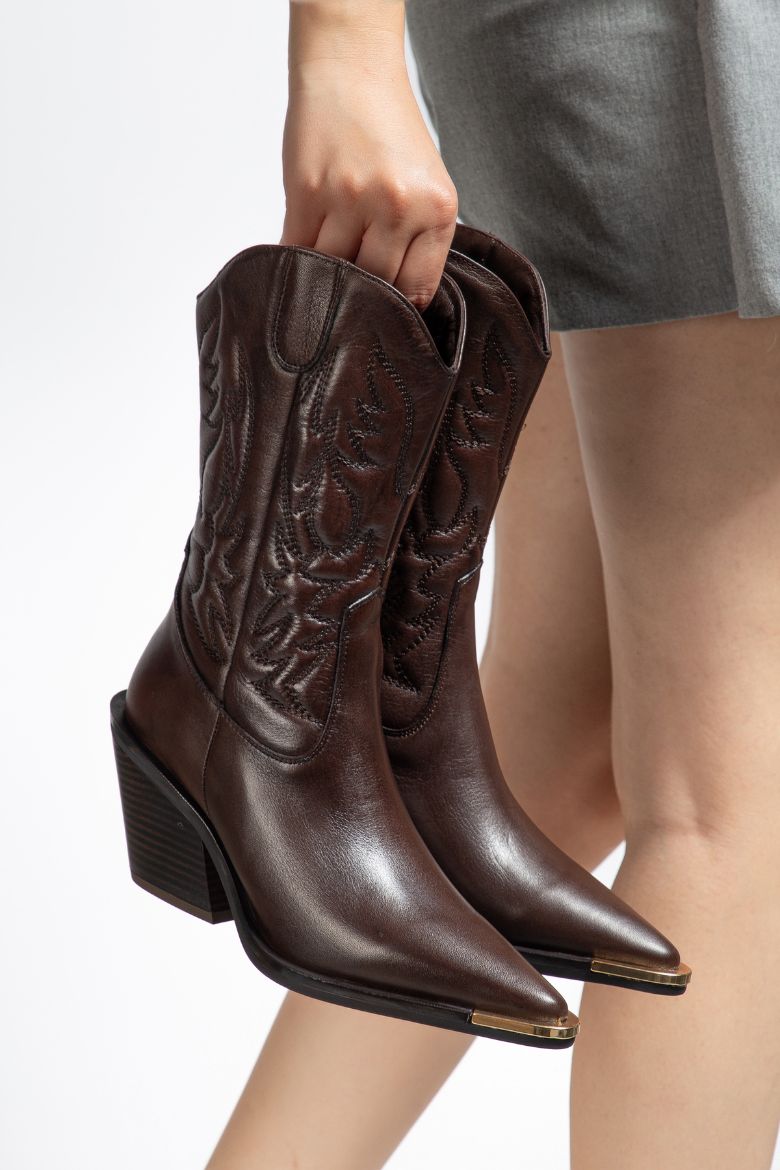 Hakiki Deri 36 Numaradan 41 Numaraya Kadar Kadın Kovboy/Western Fermuarlı Uzun Bot Taba resmi