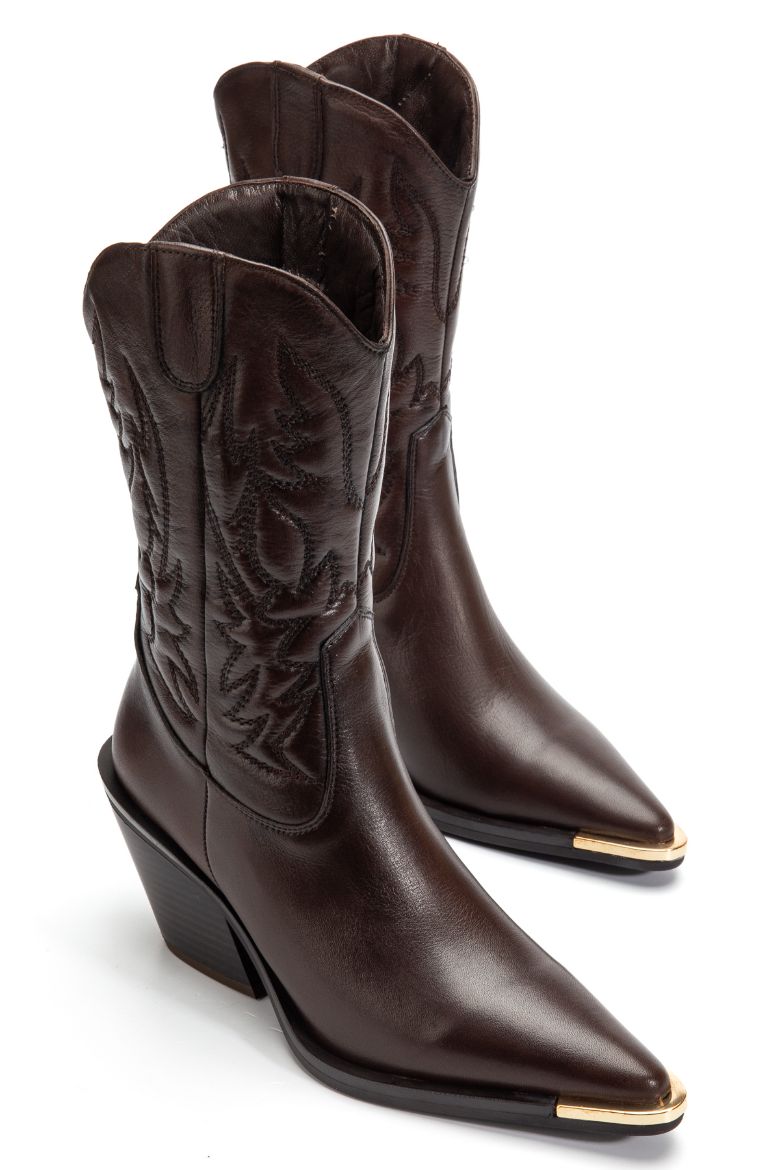 Hakiki Deri 36 Numaradan 41 Numaraya Kadar Kadın Kovboy/Western Fermuarlı Uzun Bot Taba resmi