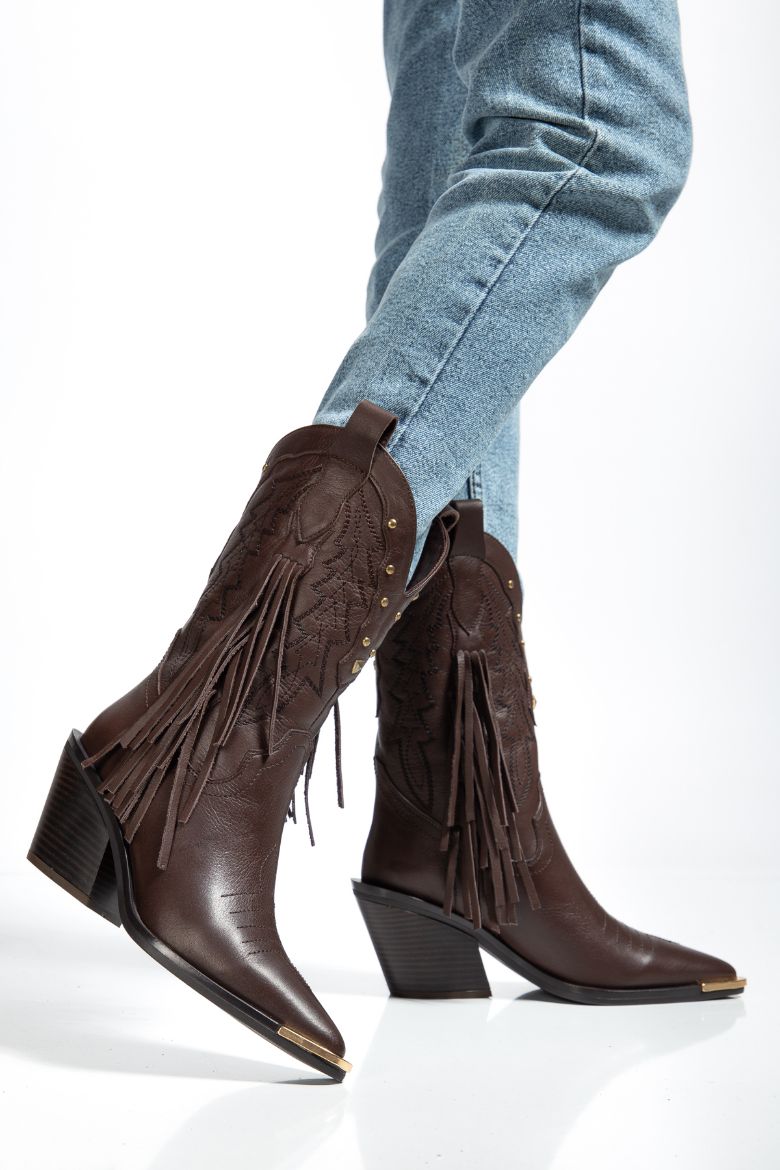 Hakiki Deri 36 Numaradan 41 Numaraya Kadar Kadın Kovboy/Western Uzun Bot Kahverengi resmi