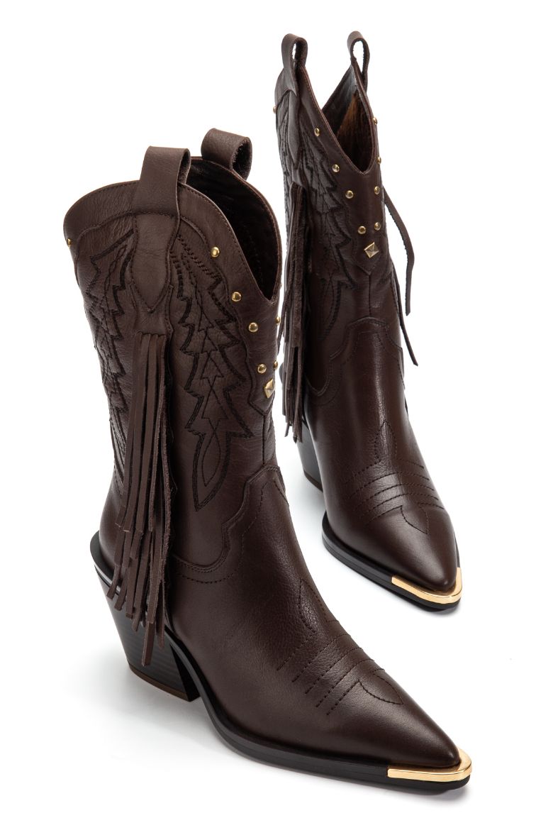 Hakiki Deri 36 Numaradan 41 Numaraya Kadar Kadın Kovboy/Western Uzun Bot Kahverengi resmi