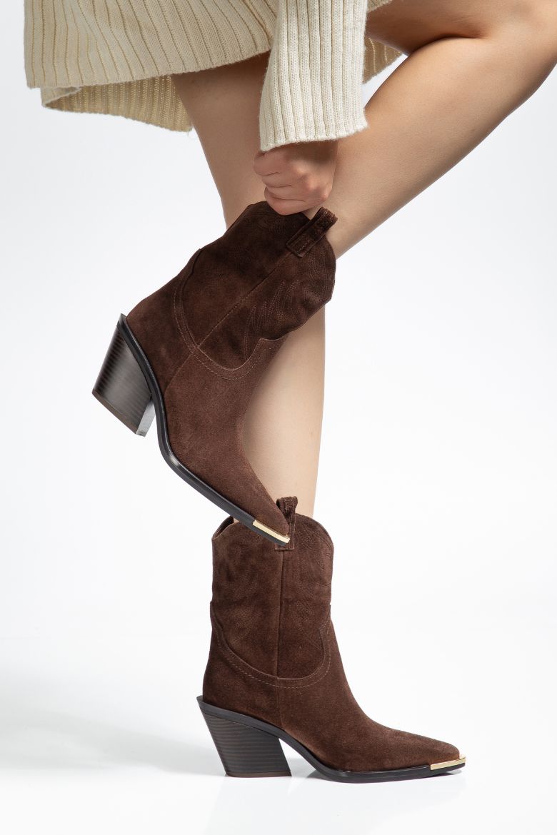 Hakiki Süet Deri 36 Numaradan 41 Numaraya Kadar Kadın Kovboy/Western Uzun Bot Kahverengi resmi