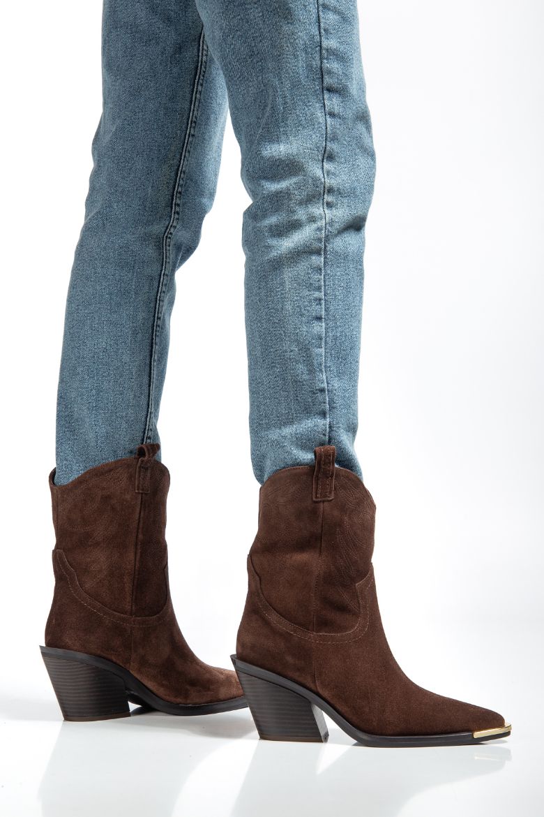 Hakiki Süet Deri 36 Numaradan 41 Numaraya Kadar Kadın Kovboy/Western Uzun Bot Kahverengi resmi